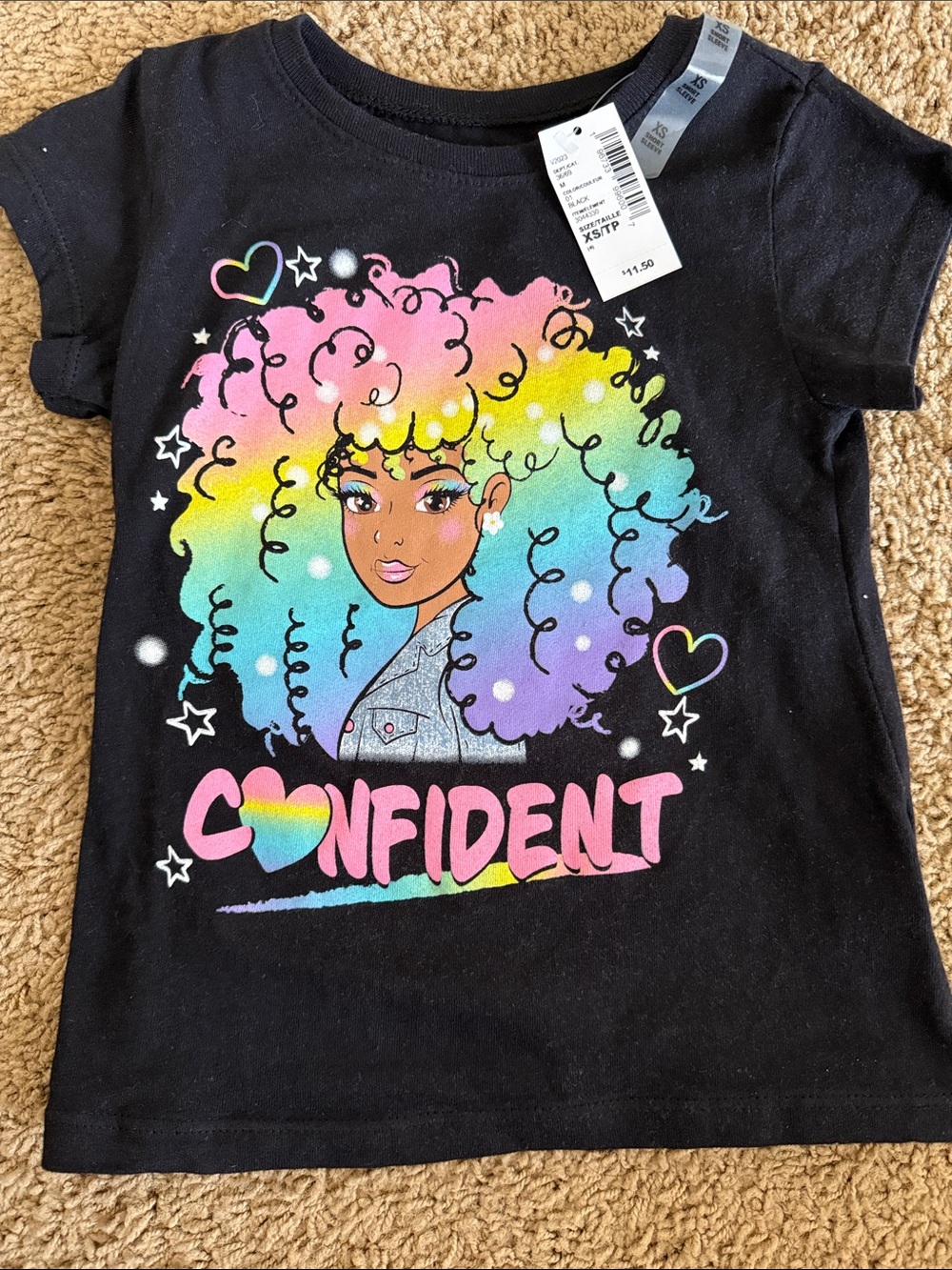 The Children's Place Black Tee with Rainbow Hair 'Confident' Graphic
